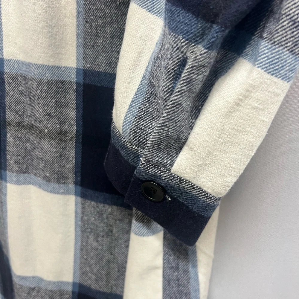 Flannel Plaid Shacket Buttondown Dress Long Coat Navy White Tartan Medium - Picture 5 of 7